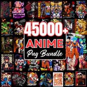 Op de afbeelding: Een verzameling anime-thema graphics, met personages uit verschillende series. De centrale tekst luidt "45000+ ANIME Pug Bundle" in rood en wit. De afbeeldingen bevatten personages uit Dragon Ball, Naruto en andere populaire anime.