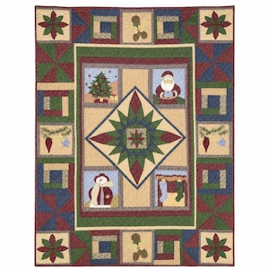 May include: A Christmas-themed quilt with a central starburst design and square panels featuring festive images. The quilt's border includes floral and geometric patterns in red, green, and blue. The quilt measures approximately 70 inches by 80 inches.