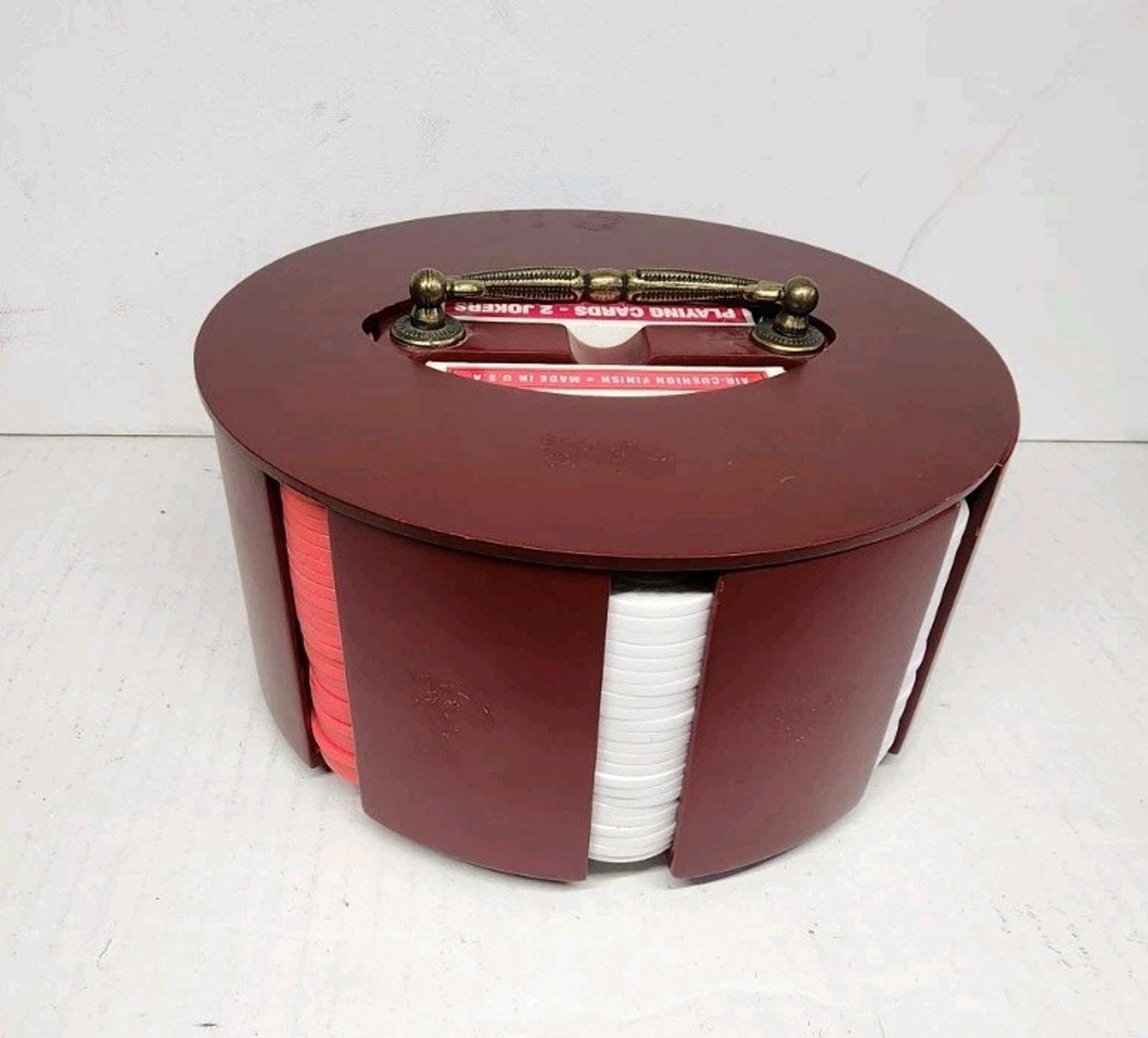 Vintage 60/70s Wood Poker Chip Carousel Caddy W /Poker Chips & Cover Card Holder