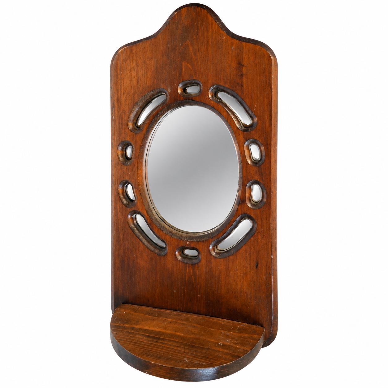 VNTG Dark Wood 1980s farmhouse decorative cutout wall mirror  with Plant holder trinket shelf