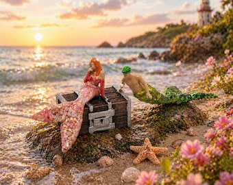 Miniature Pink Gold Mermaid Figurine/green merman Whimsical Fairy Dollhouse terrium micro doll Accessories(1 inch) handmade OOAK Miniature