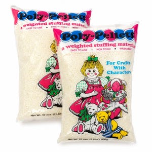 May include: Two clear plastic bags filled with white Poly-Pellets weighted stuffing material. Each bag features a graphic of a child with a teddy bear and doll, with text reading Poly-Pellets, a weighted stuffing material, Net Wt. 32 ozs.