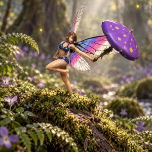 May include: A small fairy figurine with brown hair, wearing a blue and purple bikini, featuring large iridescent wings with pink and blue gradients. The figure holds a small purple umbrella with yellow spots while standing on a mossy log.