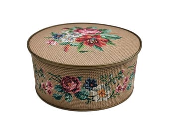 Vintage 1960s Guildcraft NY Textured Floral Needlepoint Cross Stitch Tin Sewing