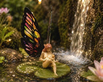 Fairy garden minature tiny figurine Fae with child nursing mother fairy pixi little rainbow butterfly wing fairycore terrarium decor