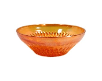 Vtg Iridescent Marigold Carnival Glass 5" Bowl trinket dish with Starburst Diamond Cut design