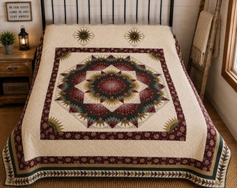 VNTG 90S celestial Medalian California King oversized quilt Cottagecore Farmhouse with sun design Pillow Tuck