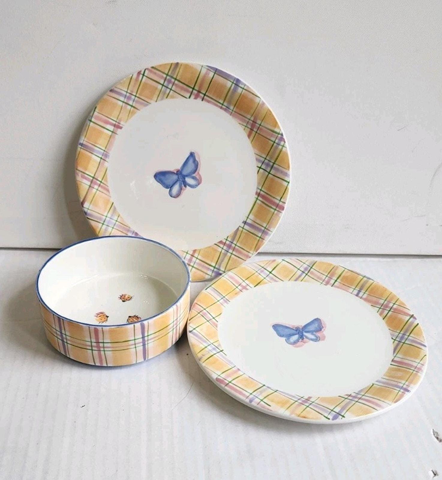 VTG ZRIKE Michal Sparks Plaid Watercolor Butterfly Lady Bug Dinner Ware Set