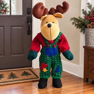 Large 3' Standing Christmas Moose In Green Overalls Stuffed Posable Floor Decor