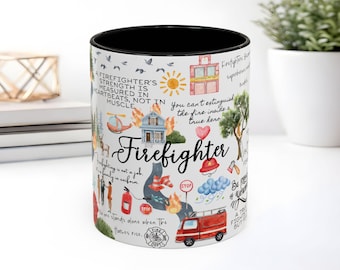 Firefighter Watercolor Doodles Accent Coffee Mug, Firefighter coffee cup
