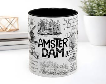 Amsterdam Sketch Collage Coffee Mug, Amsterdam vacation coffee cup, i love Amsterdam mug