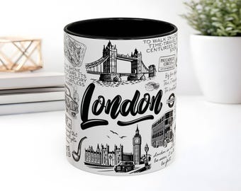 London Sketch Collage Coffee Mug, London coffee cup, England coffee mug