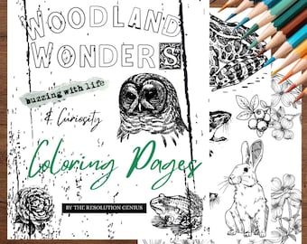 Woodland Wonders Coloring Pages, Vintage Nature Art, Adult Relaxation (25 Pages)