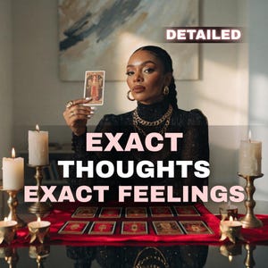 以下が含まれることがあります： 白い文字で「EXACT THOUGHTS EXACT FEELINGS」と書かれたタロットカードを持つ女性。赤い表面には、火のついたろうそくとタロットカードがあります。「DETAILED」という言葉が右上隅にあります。