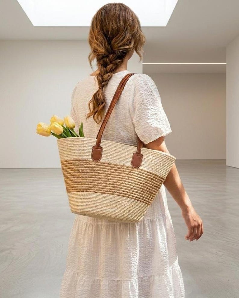 Handwoven Straw Tote Bag Leather Handles Large Beach Shoulder Bag ...