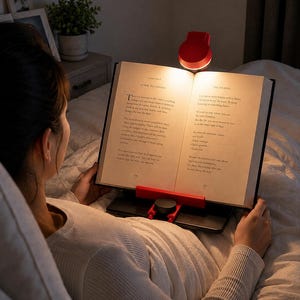 Puede incluir: Un atril para libros negro y rojo con una luz de lectura circular roja integrada que ilumina las páginas abiertas de un libro. El soporte cuenta con una perilla de ajuste negra central y brazos de soporte rojos que mantienen el libro abierto.