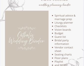 以下が含まれることがあります： ベージュ色のカトリック結婚式プランニングバインダー。テキスト「Catholic Wedding Binder」がエレガントな筆記体で書かれています。バインダーには、スピリチュアルなアドバイス、チェックリスト、予算、ゲストリストなどのセクションが含まれています。