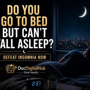 May include: An advert with the text "DO YOU GO TO BED BUT CAN'T FALL ASLEEP?" and "DEFEAT INSOMNIA NOW." A person is lying in bed looking out a window at a crescent moon and city lights. A digital clock displays the time as 2:37.