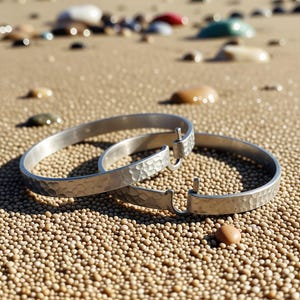May include: Two silver hammered-texture hoop bracelets rest on a sandy beach, with the ocean in the background. The bracelets are open-ended with a hook closure. The sand is covered in small, round pebbles.