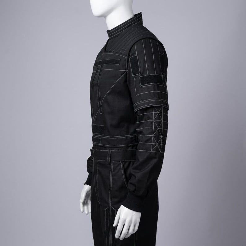 K&ouml;nnte beinhalten: Schwarzer Overall mit wei&szlig;en Steppn&auml;hten. Er hat einen hohen Kragen, gepolsterte Schultern und geometrische Muster an den &Auml;rmeln. Der Anzug hat mehrere Taschen und einen G&uuml;rtel. Das Design ist modern und strukturiert.
