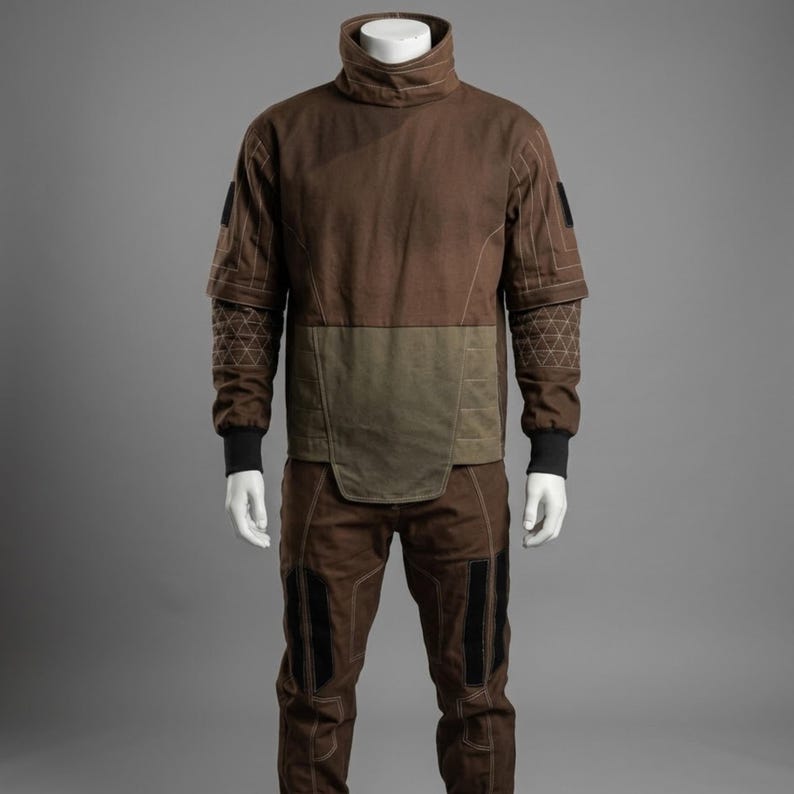 May include: Brown two-piece outfit with a high collar. The top has a brown body with olive green accents and geometric patterned sleeves. The pants have black accents. The outfit is displayed on a mannequin.