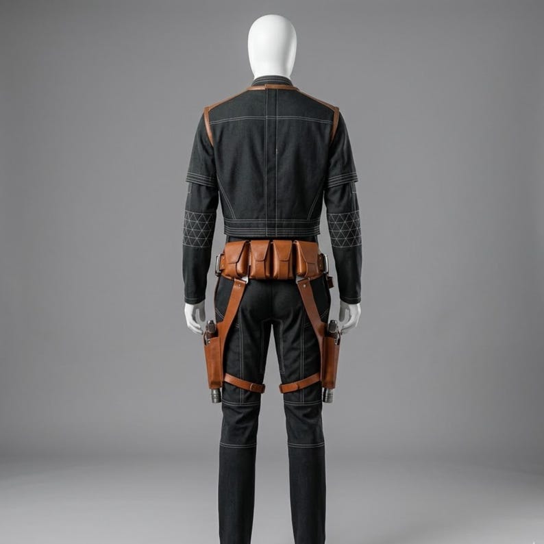 May include: A black jacket and pants ensemble with brown leather accents and holsters. The jacket has light stitching and geometric patterns on the sleeves. The outfit includes a brown leather belt with pouches and leg holsters.
