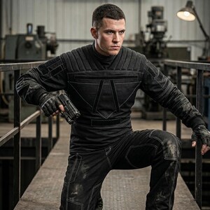 K&ouml;nnte beinhalten: Eine Person in einem schwarzen taktischen Overall mit Steppdesign und hohem Kragen, die eine schwarze Handfeuerwaffe h&auml;lt. Der Overall hat geometrische Akzente. Die Person kniet auf einem Metallsteg.