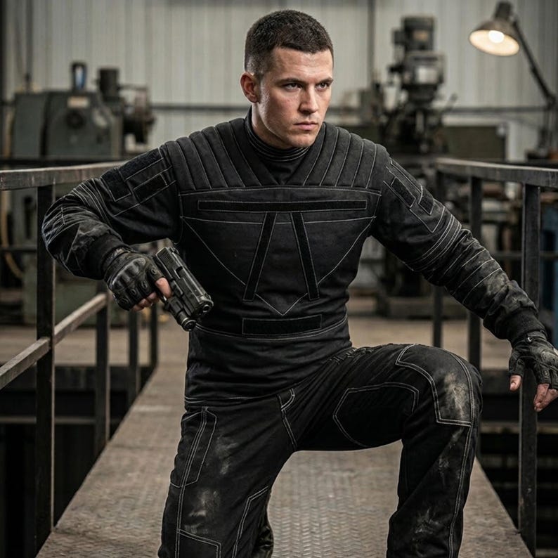 K&ouml;nnte beinhalten: Eine Person in einem schwarzen taktischen Overall mit Steppdesign und hohem Kragen, die eine schwarze Handfeuerwaffe h&auml;lt. Der Overall hat geometrische Akzente. Die Person kniet auf einem Metallsteg.