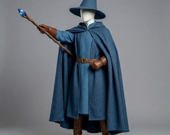 Midnight Blue Wizard Costume Archmage Robe, Hooded Cloak Set, Hat and Leather Belt