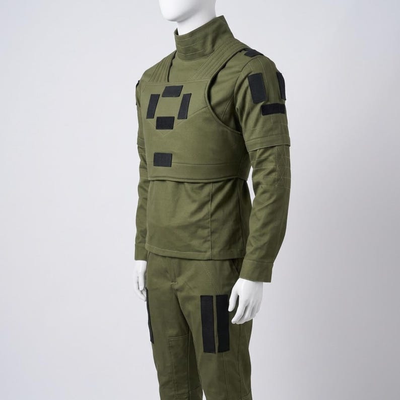 May include: Olive green tactical uniform displayed on a mannequin. The outfit includes a high-neck shirt, a vest with black square patches, and matching pants. The uniform has long sleeves and is designed for functionality.