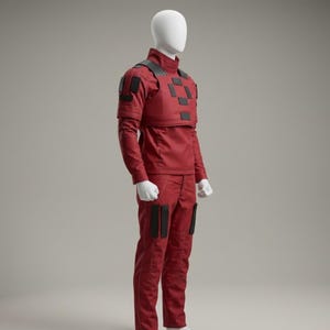 May include: A red jumpsuit with black accents, displayed on a mannequin. The outfit includes a high-collared top, long sleeves, and matching pants. Black rectangular patches are placed on the shoulders, chest, and legs. The mannequin has a white head and hands.