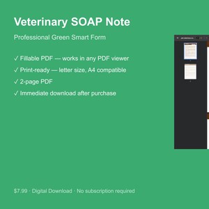 Nota SOAP veterinaria en formato PDF / Registro clínico rellenable del paciente (descarga digital)