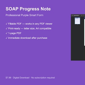 Puede incluir: Un formulario digital SOAP Progress Note, titulado "Professional Purple Smart Form", se muestra sobre un fondo morado. El formulario es rellenable, listo para imprimir y un PDF de 1 página. El texto también menciona la descarga inmediata después de la compra.