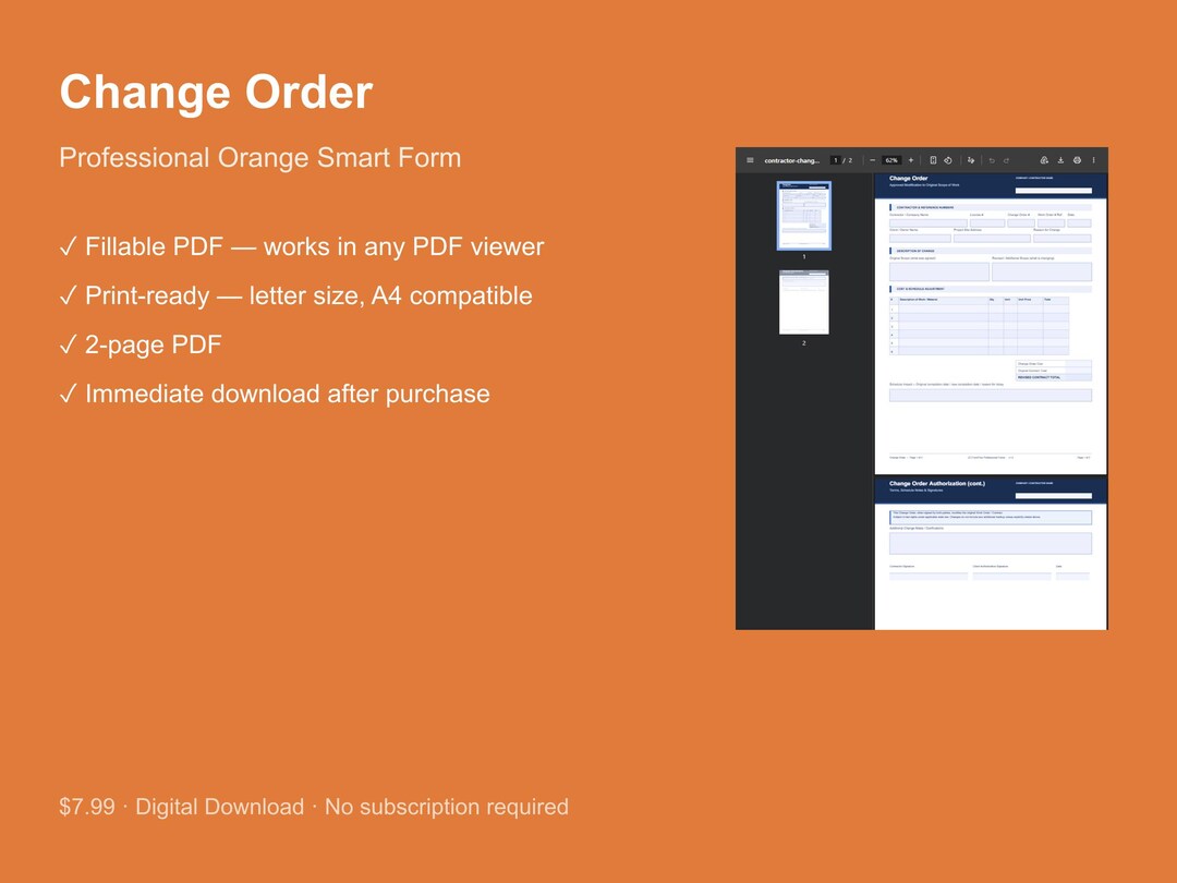 Fillable Change Order Form PDF | Contractor Scope Modification ...