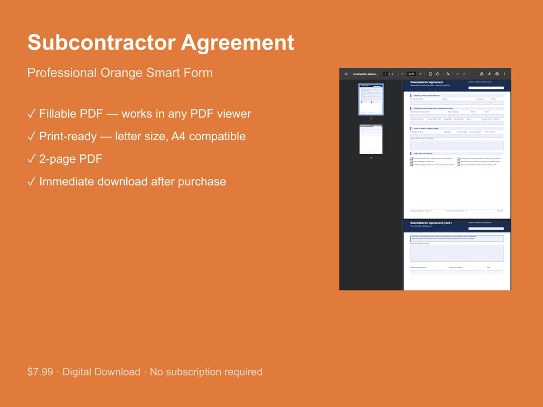 Fillable Subcontractor Agreement PDF | Independent Contractor Template ...
