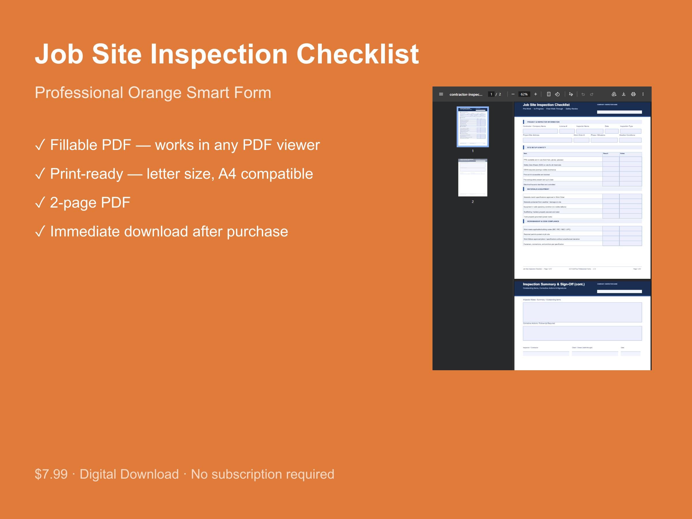 Fillable Job Site Inspection Checklist PDF | Contractor Safety Review ...