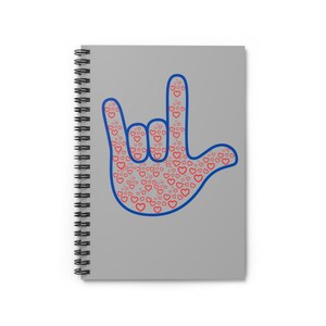 Cuaderno de espiral con señas de mano "Te amo", tapa gris