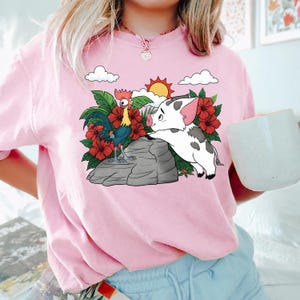 Hei Hei and Pua Floral Comfort Colors Shirt, Moana Princess T-Shirt, Disneyworld Dog Lover Tee, Magic Kingdom, Disney Family Trip image 3