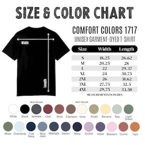 May include: A black unisex garment-dyed t-shirt with a size and color chart. The chart lists sizes S to 4XL, with measurements in inches. Color options include white, black, pepper, and more.