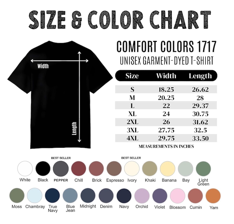 May include: A black unisex garment-dyed t-shirt with a size and color chart. The chart lists sizes S to 4XL, with measurements in inches. Color options include white, black, pepper, and more.