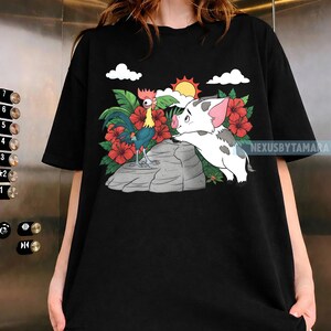 Hei Hei and Pua Floral Comfort Colors Shirt, Moana Princess T-Shirt, Disneyworld Dog Lover Tee, Magic Kingdom, Disney Family Trip image 2