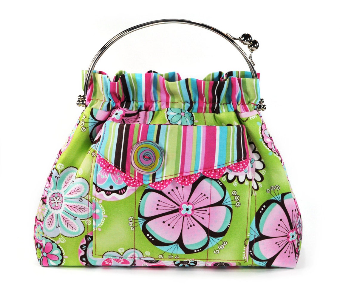 Handbag Hot Pink Lime Green Flowers Shoulder Bag Etsy