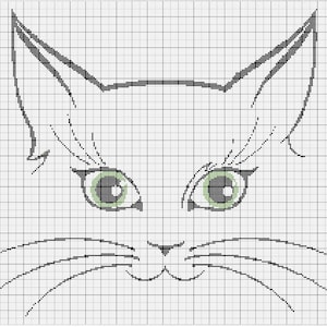 Peut inclure: Un motif de point de croix représentant un visage de chat stylisé. Les yeux verts, les moustaches et les oreilles pointues sont dessinés en noir sur un fond quadrillé blanc, parfait pour un projet de bricolage.