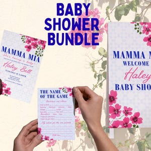 Mamma Mia babyshowerinbjudan, spel, välkomstskylt, menypaketmallar, ABBA-tema, rosa blommig sommar, redigerbar digital nedladdning