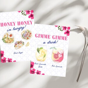 Mamma Mia babyshower-menykortsmall, ABBA-tema, rosa blommig babyshower, medelhavsfest, redigerbar digital nedladdning