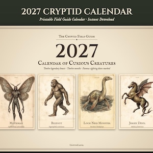 Puede incluir: Un calendario de críptidos de 2027 con el texto 2027 Calendar of Curious Creatures y The Cryptid Field Guide. La página muestra cuatro ilustraciones de bestias legendarias etiquetadas como Mothman, Bigfoot, Loch Ness Monster y Jersey Devil.