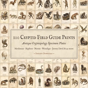 Puede incluir: Una colección de 100 impresiones de guía de campo de críptidos con láminas de especímenes de criptozoología antigua. El texto central dice 100 Cryptid Field Guide Prints, Antique Cryptozoology Specimen Plates, Mothman, Bigfoot, Nessie, Wendigo, Jersey Devil & 95 more, Instant Download.