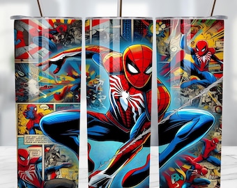 May include: A cylindrical stainless steel tumbler featuring a vibrant comic book graphic print of the superhero Spider-Man in various action poses, complete with a metal straw inserted into the lid and a colourful background of comic panels.
