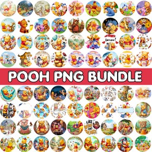 May include: A collection of Winnie the Pooh themed PNG images in a circular design. The images feature Pooh, Piglet, Tigger, and Eeyore in various scenes. The text "POOH PNG BUNDLE" is displayed in a bold, white font on a red background.