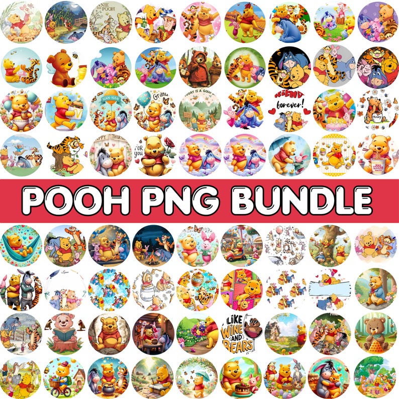 May include: A collection of Winnie the Pooh themed PNG images in a circular design. The images feature Pooh, Piglet, Tigger, and Eeyore in various scenes. The text "POOH PNG BUNDLE" is displayed in a bold, white font on a red background.